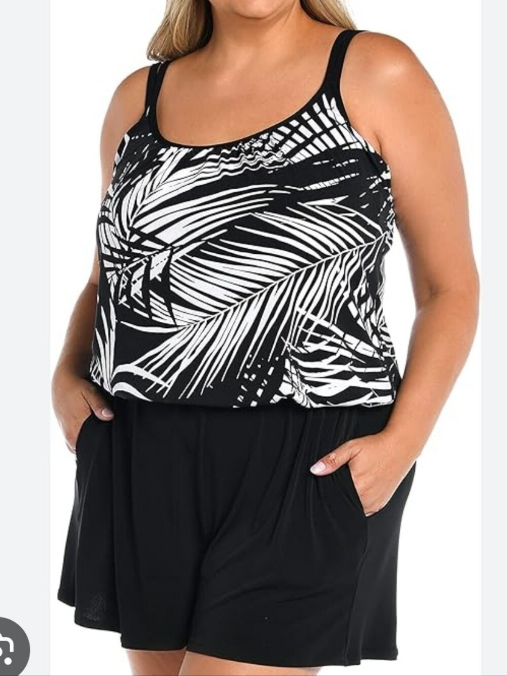 MAXINE OF HOLLYWOOD Swim Romper Black White Palm Print Size 18W
